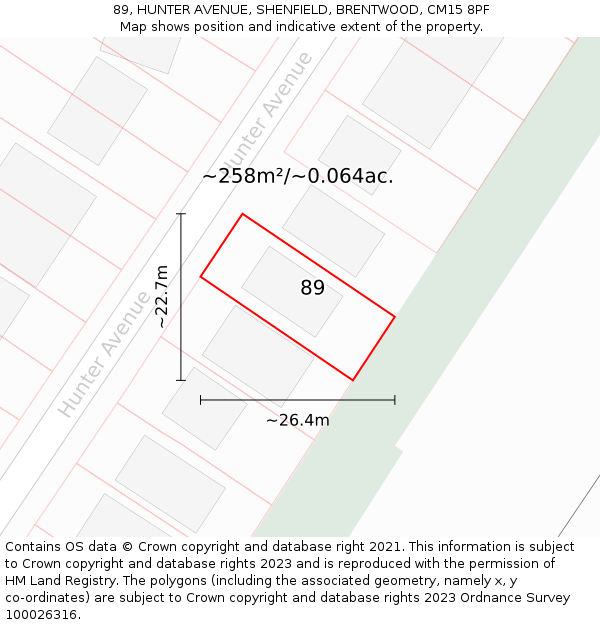 89, HUNTER AVENUE, SHENFIELD, BRENTWOOD, CM15 8PF: Plot and title map