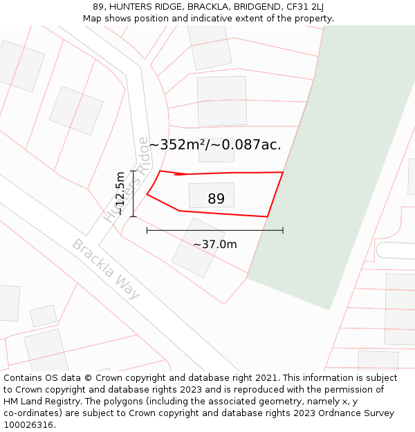 89, HUNTERS RIDGE, BRACKLA, BRIDGEND, CF31 2LJ: Plot and title map