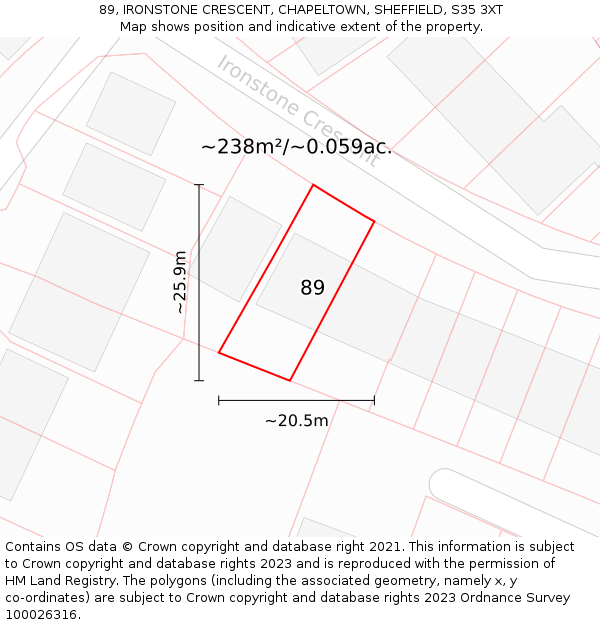 89, IRONSTONE CRESCENT, CHAPELTOWN, SHEFFIELD, S35 3XT: Plot and title map