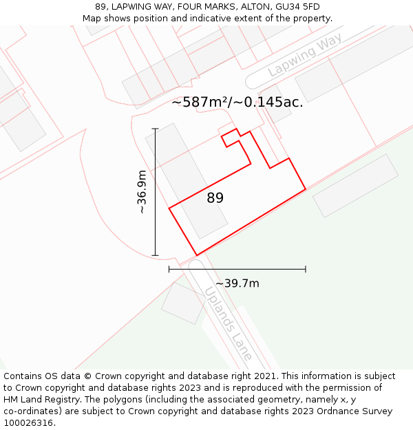 89, LAPWING WAY, FOUR MARKS, ALTON, GU34 5FD: Plot and title map