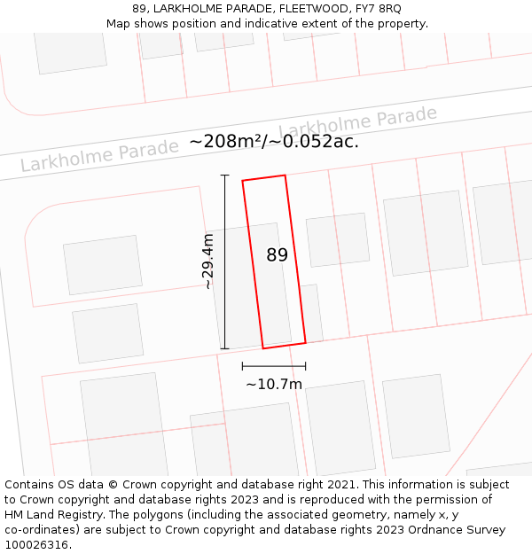 89, LARKHOLME PARADE, FLEETWOOD, FY7 8RQ: Plot and title map