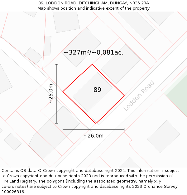 89, LODDON ROAD, DITCHINGHAM, BUNGAY, NR35 2RA: Plot and title map