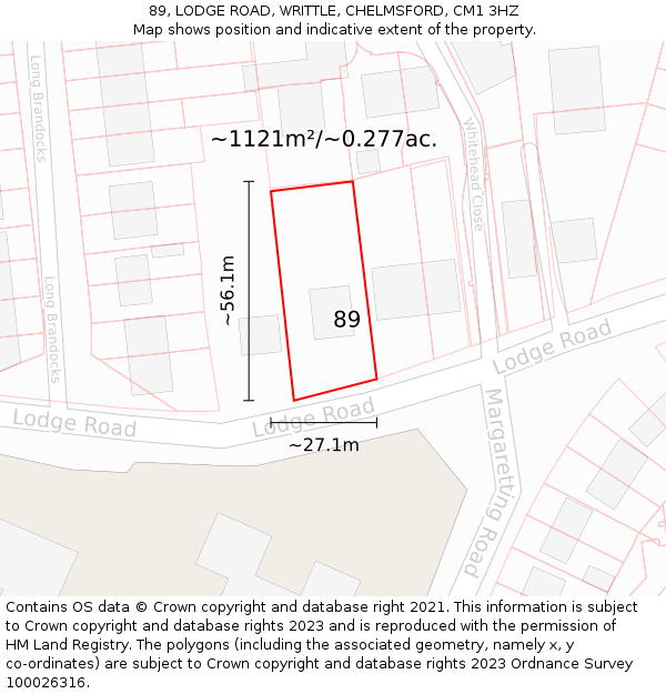 89, LODGE ROAD, WRITTLE, CHELMSFORD, CM1 3HZ: Plot and title map