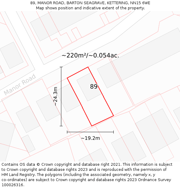89, MANOR ROAD, BARTON SEAGRAVE, KETTERING, NN15 6WE: Plot and title map