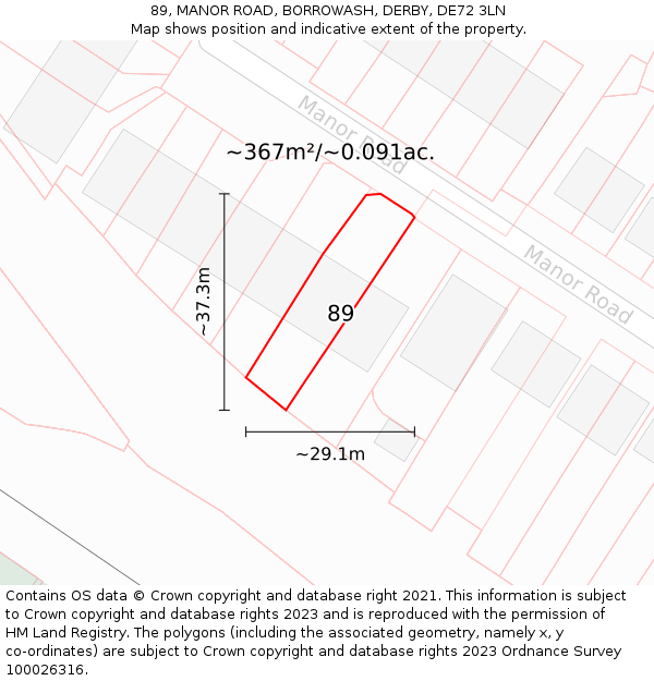 89, MANOR ROAD, BORROWASH, DERBY, DE72 3LN: Plot and title map