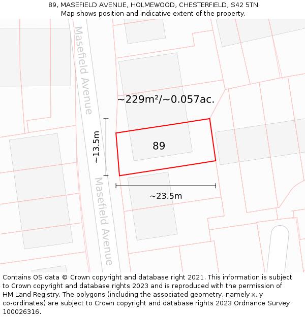 89, MASEFIELD AVENUE, HOLMEWOOD, CHESTERFIELD, S42 5TN: Plot and title map