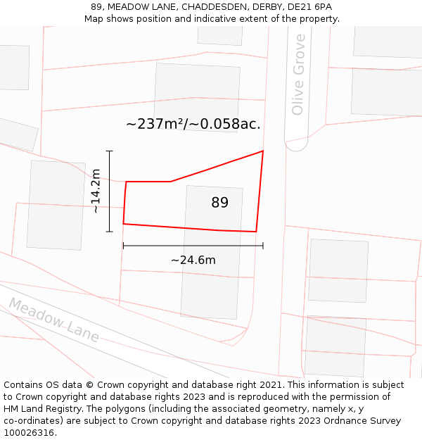 89, MEADOW LANE, CHADDESDEN, DERBY, DE21 6PA: Plot and title map