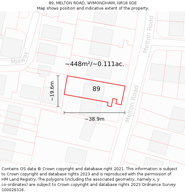 89, MELTON ROAD, WYMONDHAM, NR18 0DE: Plot and title map