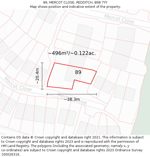 89, MERCOT CLOSE, REDDITCH, B98 7YY: Plot and title map
