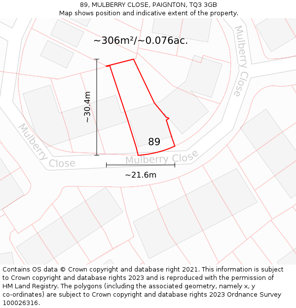 89, MULBERRY CLOSE, PAIGNTON, TQ3 3GB: Plot and title map