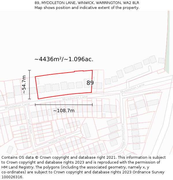 89, MYDDLETON LANE, WINWICK, WARRINGTON, WA2 8LR: Plot and title map