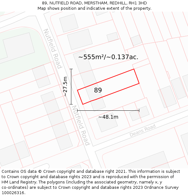 89, NUTFIELD ROAD, MERSTHAM, REDHILL, RH1 3HD: Plot and title map