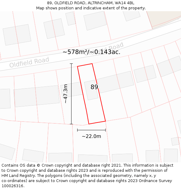 89, OLDFIELD ROAD, ALTRINCHAM, WA14 4BL: Plot and title map