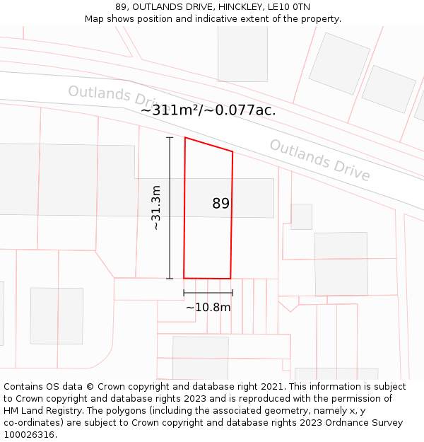 89, OUTLANDS DRIVE, HINCKLEY, LE10 0TN: Plot and title map