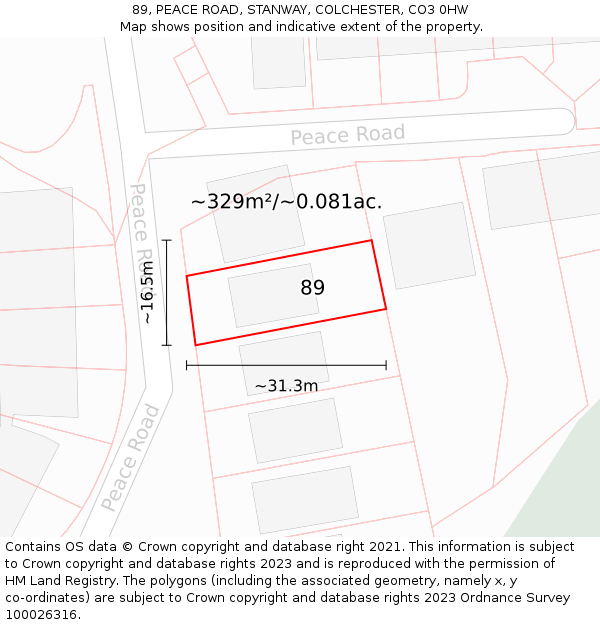 89, PEACE ROAD, STANWAY, COLCHESTER, CO3 0HW: Plot and title map