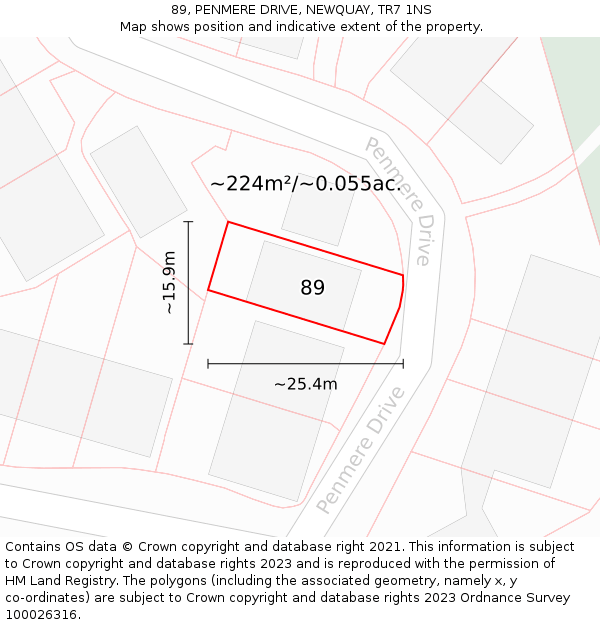 89, PENMERE DRIVE, NEWQUAY, TR7 1NS: Plot and title map