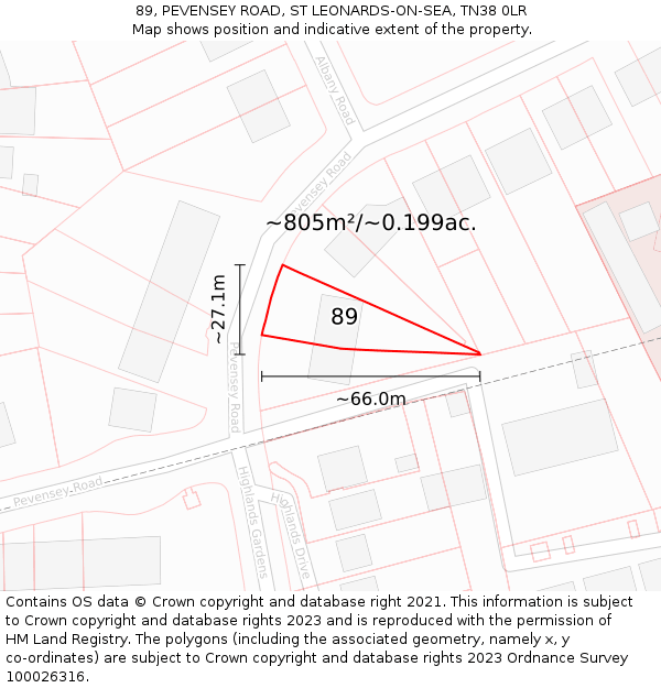 89, PEVENSEY ROAD, ST LEONARDS-ON-SEA, TN38 0LR: Plot and title map