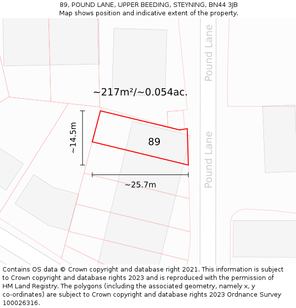 89, POUND LANE, UPPER BEEDING, STEYNING, BN44 3JB: Plot and title map