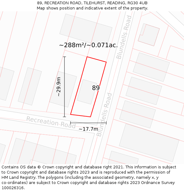 89, RECREATION ROAD, TILEHURST, READING, RG30 4UB: Plot and title map