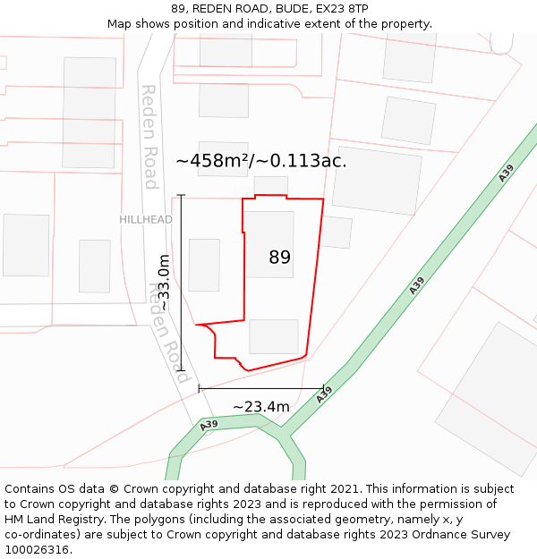 89, REDEN ROAD, BUDE, EX23 8TP: Plot and title map