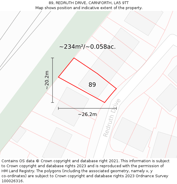89, REDRUTH DRIVE, CARNFORTH, LA5 9TT: Plot and title map