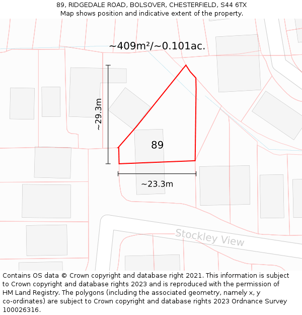 89, RIDGEDALE ROAD, BOLSOVER, CHESTERFIELD, S44 6TX: Plot and title map