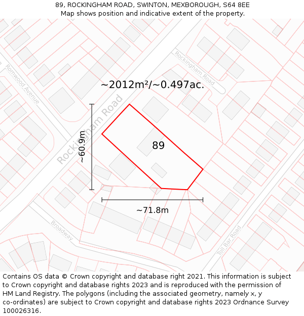 89, ROCKINGHAM ROAD, SWINTON, MEXBOROUGH, S64 8EE: Plot and title map
