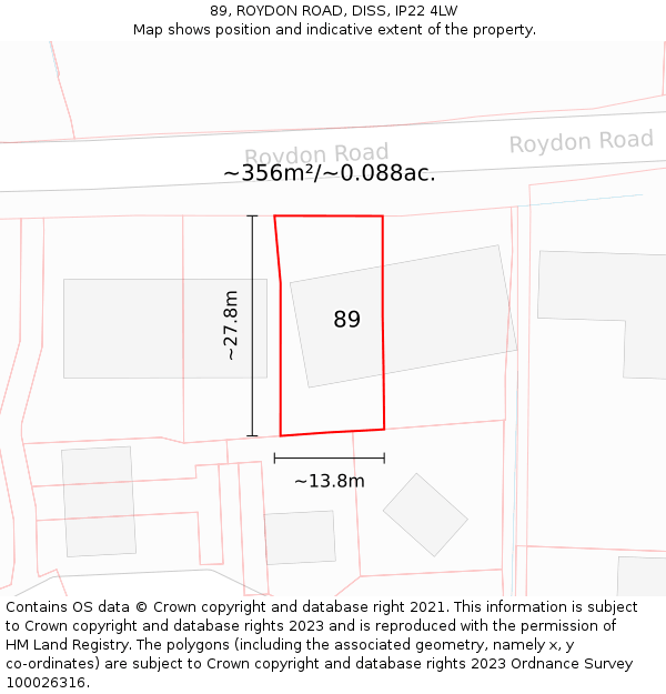89, ROYDON ROAD, DISS, IP22 4LW: Plot and title map