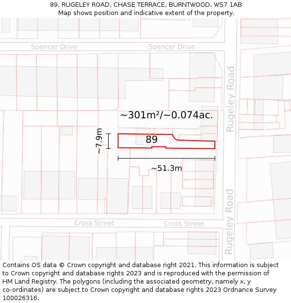 89, RUGELEY ROAD, CHASE TERRACE, BURNTWOOD, WS7 1AB: Plot and title map