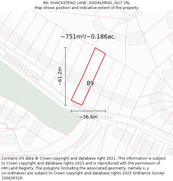 89, SHACKSTEAD LANE, GODALMING, GU7 1RL: Plot and title map