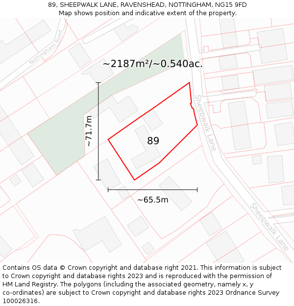 89, SHEEPWALK LANE, RAVENSHEAD, NOTTINGHAM, NG15 9FD: Plot and title map
