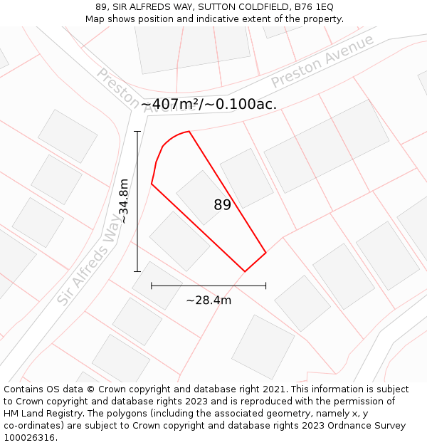 89, SIR ALFREDS WAY, SUTTON COLDFIELD, B76 1EQ: Plot and title map