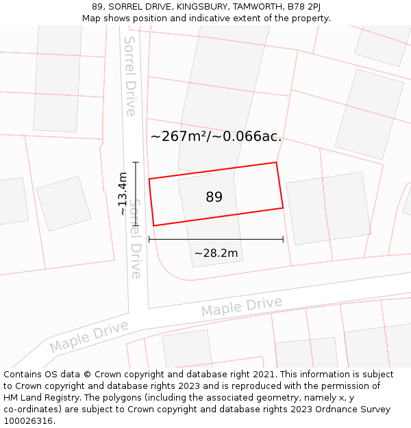 89, SORREL DRIVE, KINGSBURY, TAMWORTH, B78 2PJ: Plot and title map
