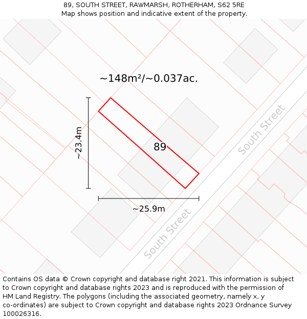 89, SOUTH STREET, RAWMARSH, ROTHERHAM, S62 5RE: Plot and title map