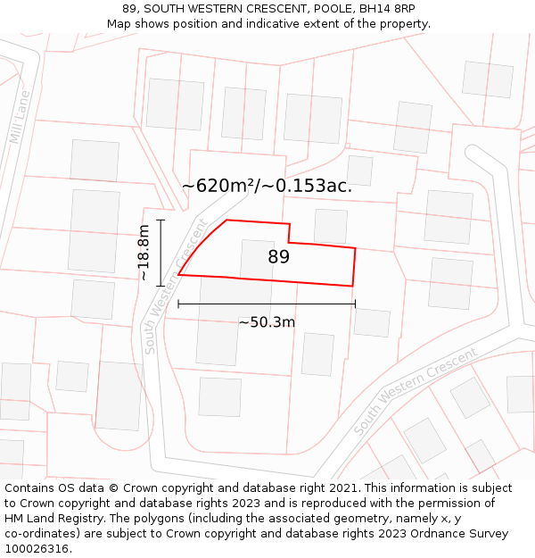 89, SOUTH WESTERN CRESCENT, POOLE, BH14 8RP: Plot and title map