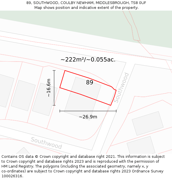 89, SOUTHWOOD, COULBY NEWHAM, MIDDLESBROUGH, TS8 0UF: Plot and title map