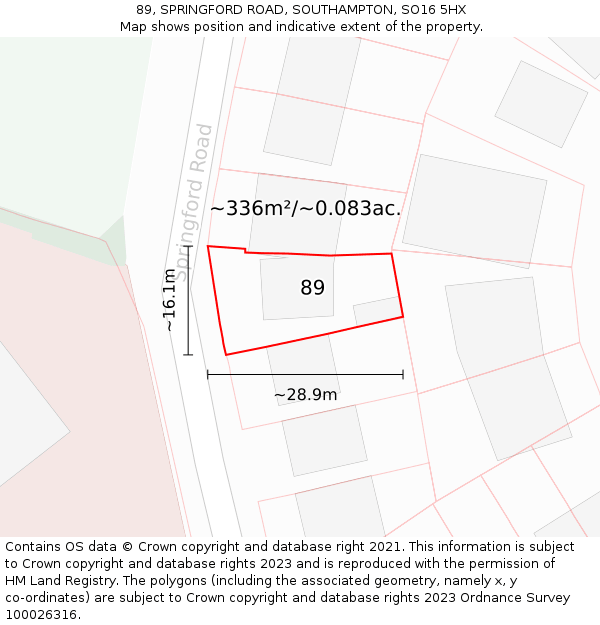 89, SPRINGFORD ROAD, SOUTHAMPTON, SO16 5HX: Plot and title map