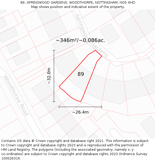 89, SPRINGWOOD GARDENS, WOODTHORPE, NOTTINGHAM, NG5 4HD: Plot and title map