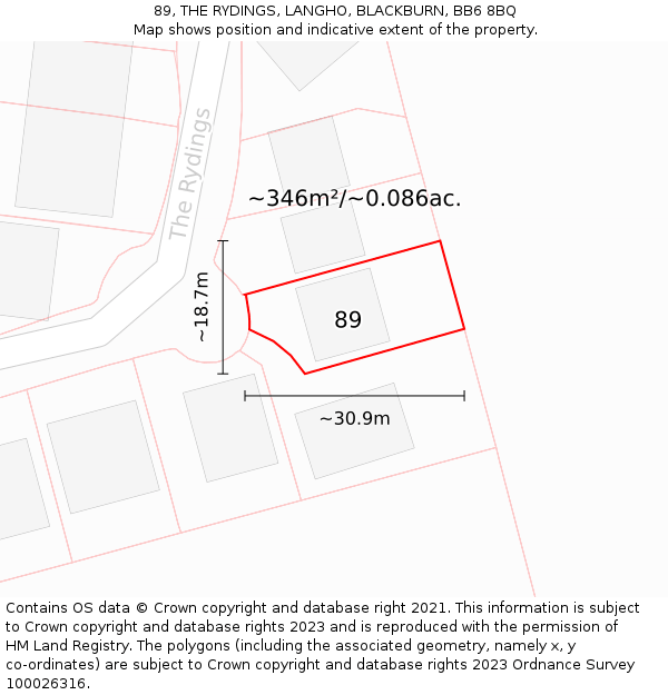 89, THE RYDINGS, LANGHO, BLACKBURN, BB6 8BQ: Plot and title map