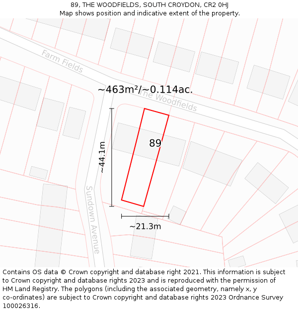 89, THE WOODFIELDS, SOUTH CROYDON, CR2 0HJ: Plot and title map