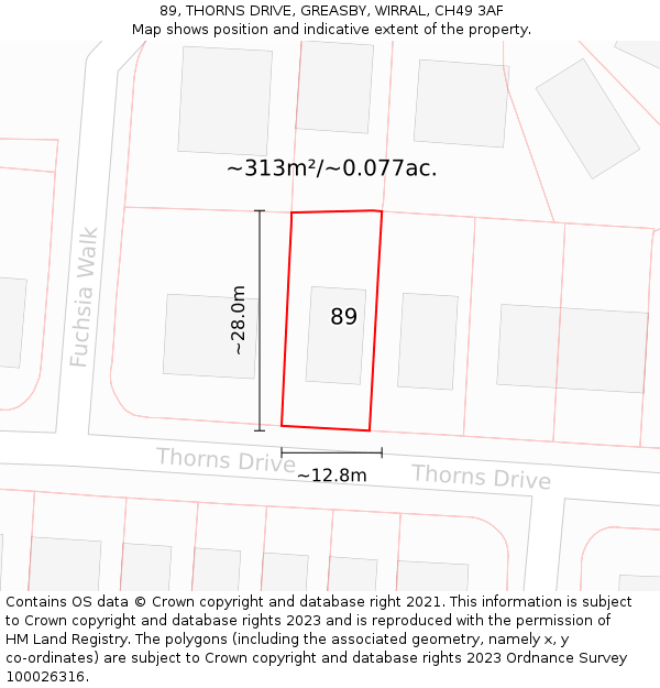 89, THORNS DRIVE, GREASBY, WIRRAL, CH49 3AF: Plot and title map