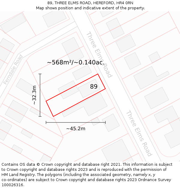 89, THREE ELMS ROAD, HEREFORD, HR4 0RN: Plot and title map