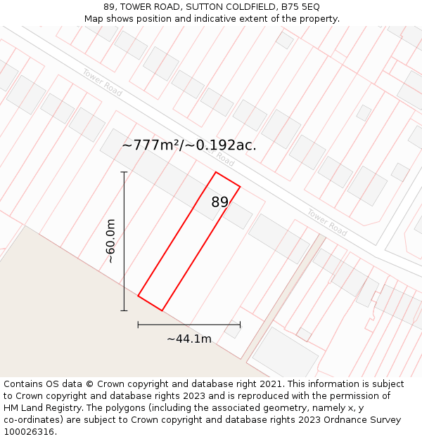 89, TOWER ROAD, SUTTON COLDFIELD, B75 5EQ: Plot and title map