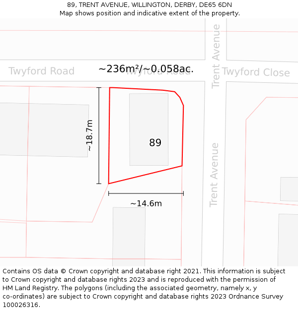 89, TRENT AVENUE, WILLINGTON, DERBY, DE65 6DN: Plot and title map