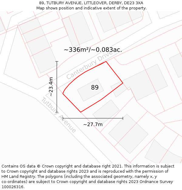 89, TUTBURY AVENUE, LITTLEOVER, DERBY, DE23 3XA: Plot and title map
