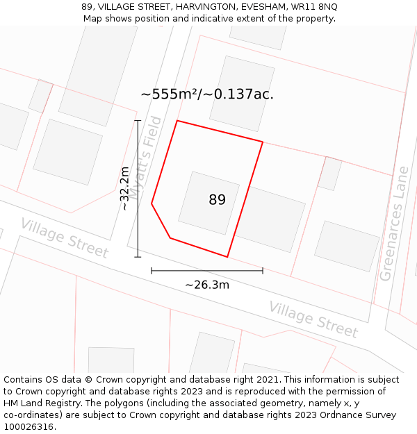 89, VILLAGE STREET, HARVINGTON, EVESHAM, WR11 8NQ: Plot and title map