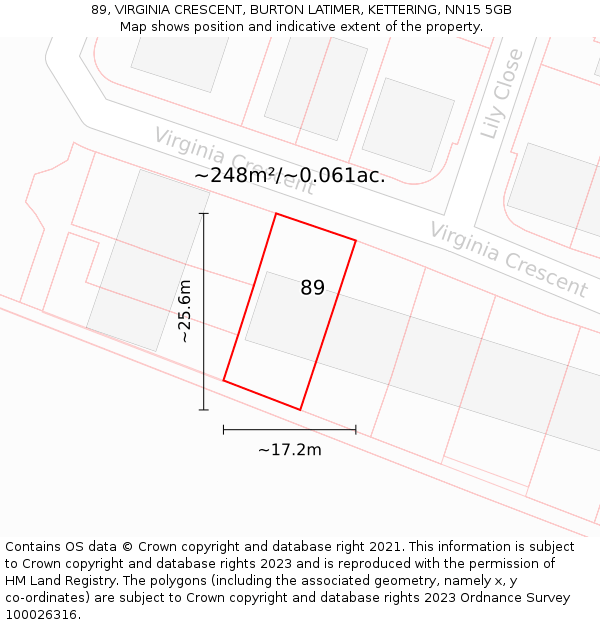 89, VIRGINIA CRESCENT, BURTON LATIMER, KETTERING, NN15 5GB: Plot and title map