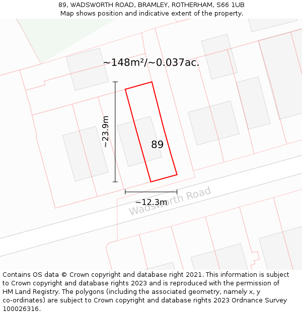 89, WADSWORTH ROAD, BRAMLEY, ROTHERHAM, S66 1UB: Plot and title map
