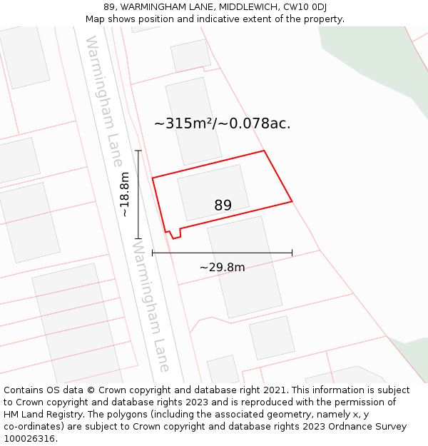 89, WARMINGHAM LANE, MIDDLEWICH, CW10 0DJ: Plot and title map