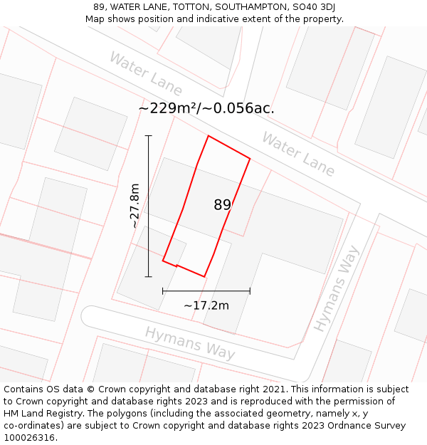 89, WATER LANE, TOTTON, SOUTHAMPTON, SO40 3DJ: Plot and title map